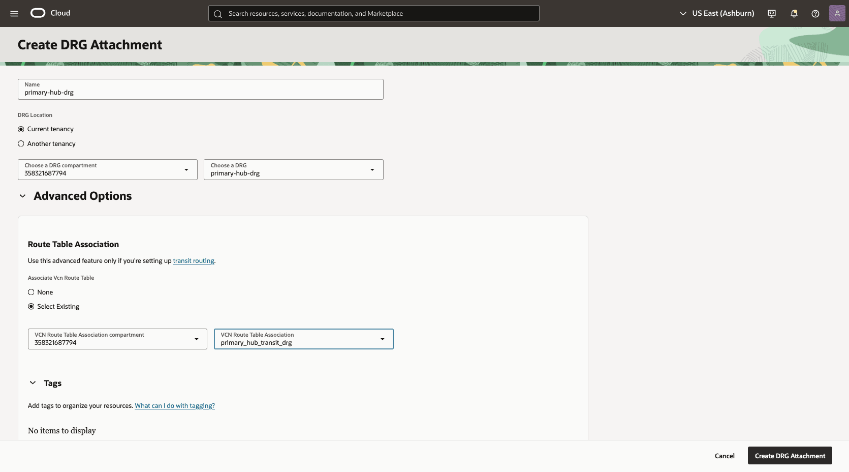 This screenshot shows how to configure the network in the primary region.