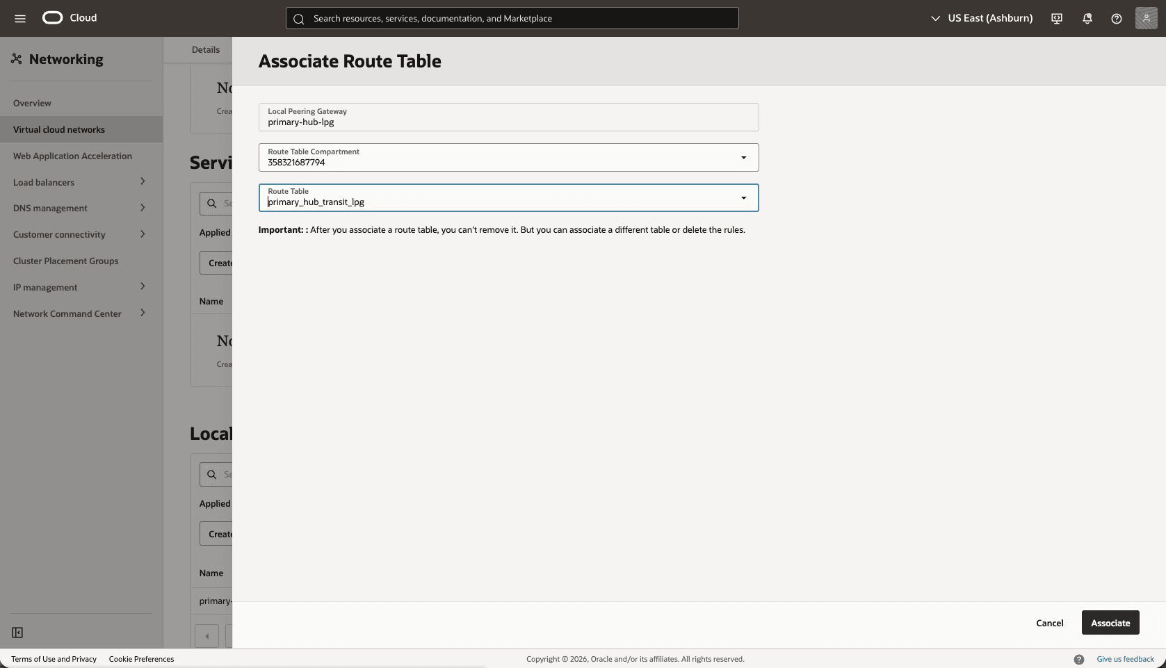 This screenshot shows how to configure the network in the primary region.