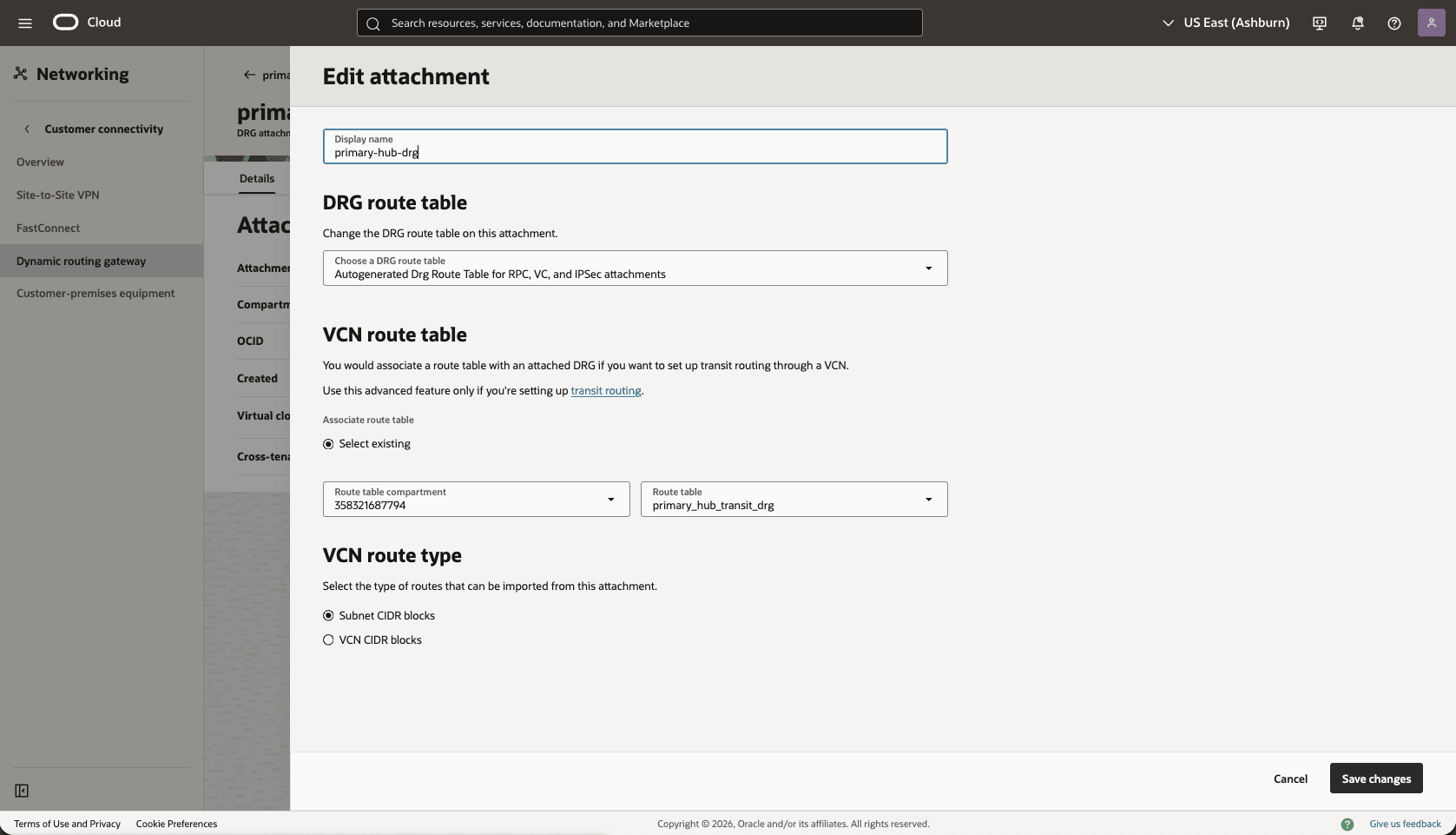 This screenshot shows how to configure the network in the primary region.