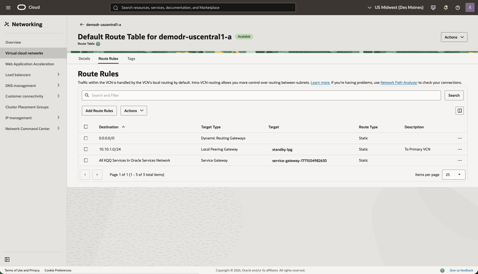 This screenshot shows how to configure the network in the standby region.