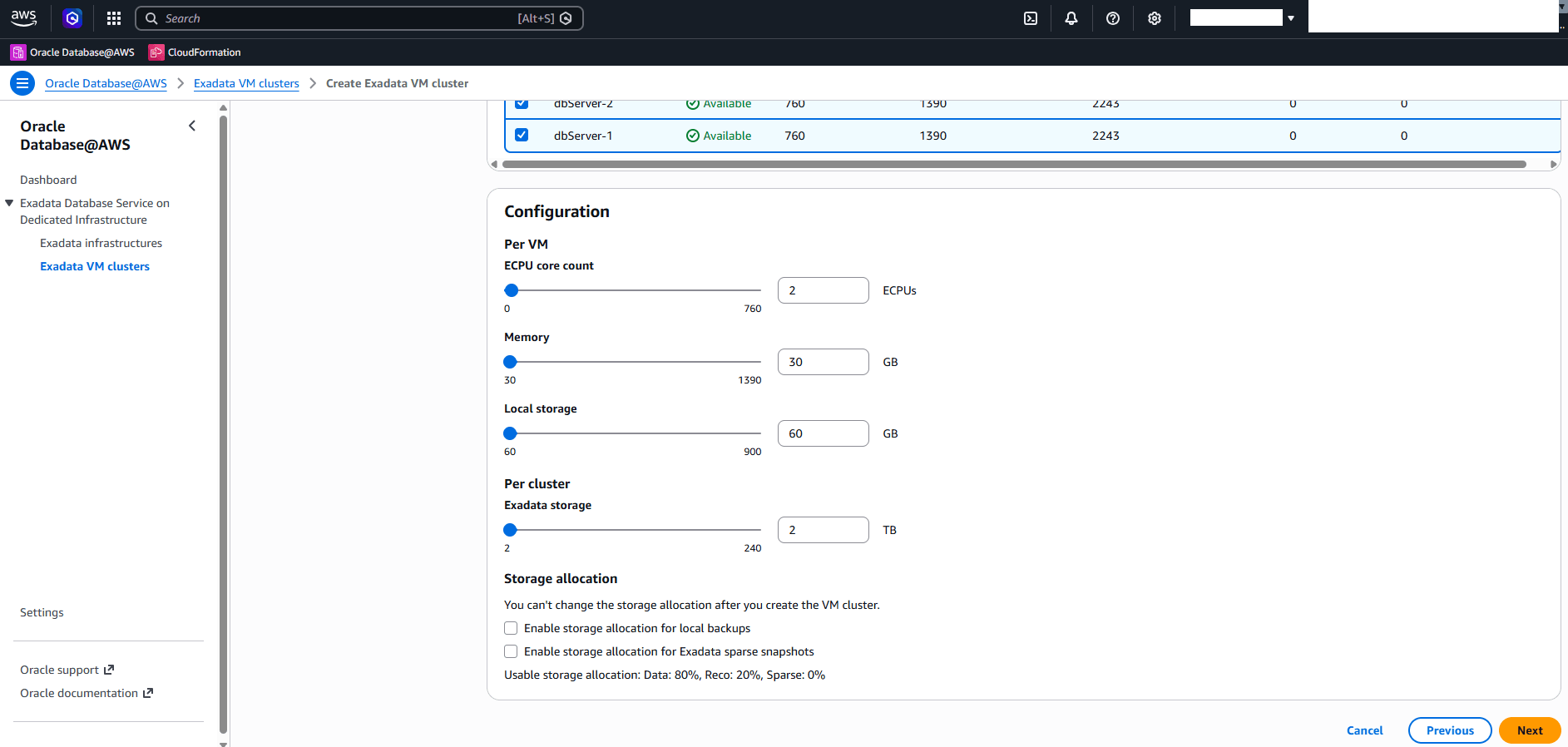 This screenshot shows the second part of creating an Exadata VM Cluster.