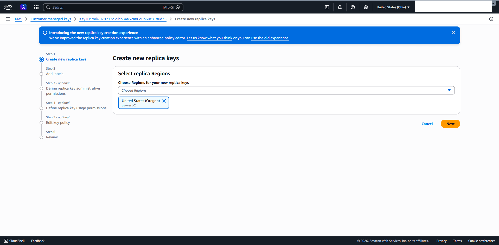 This screenshot shows how to create new replica keys.