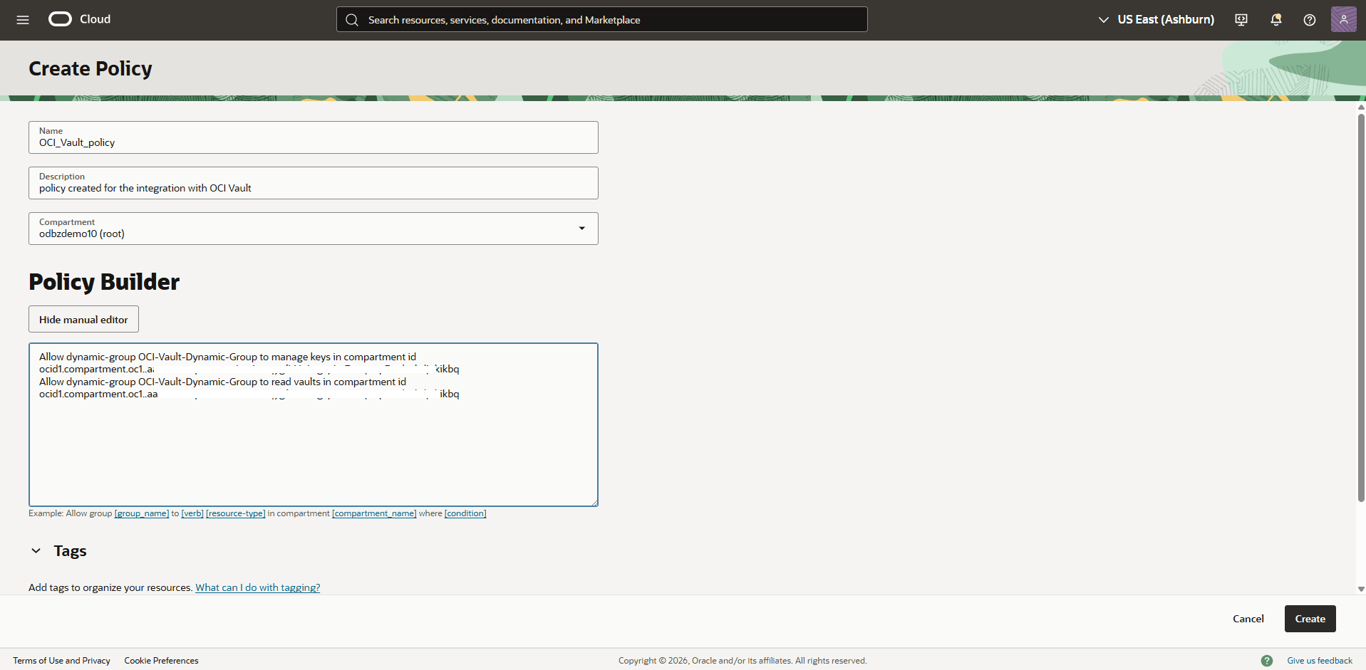 This screenshot shows how to create policy.