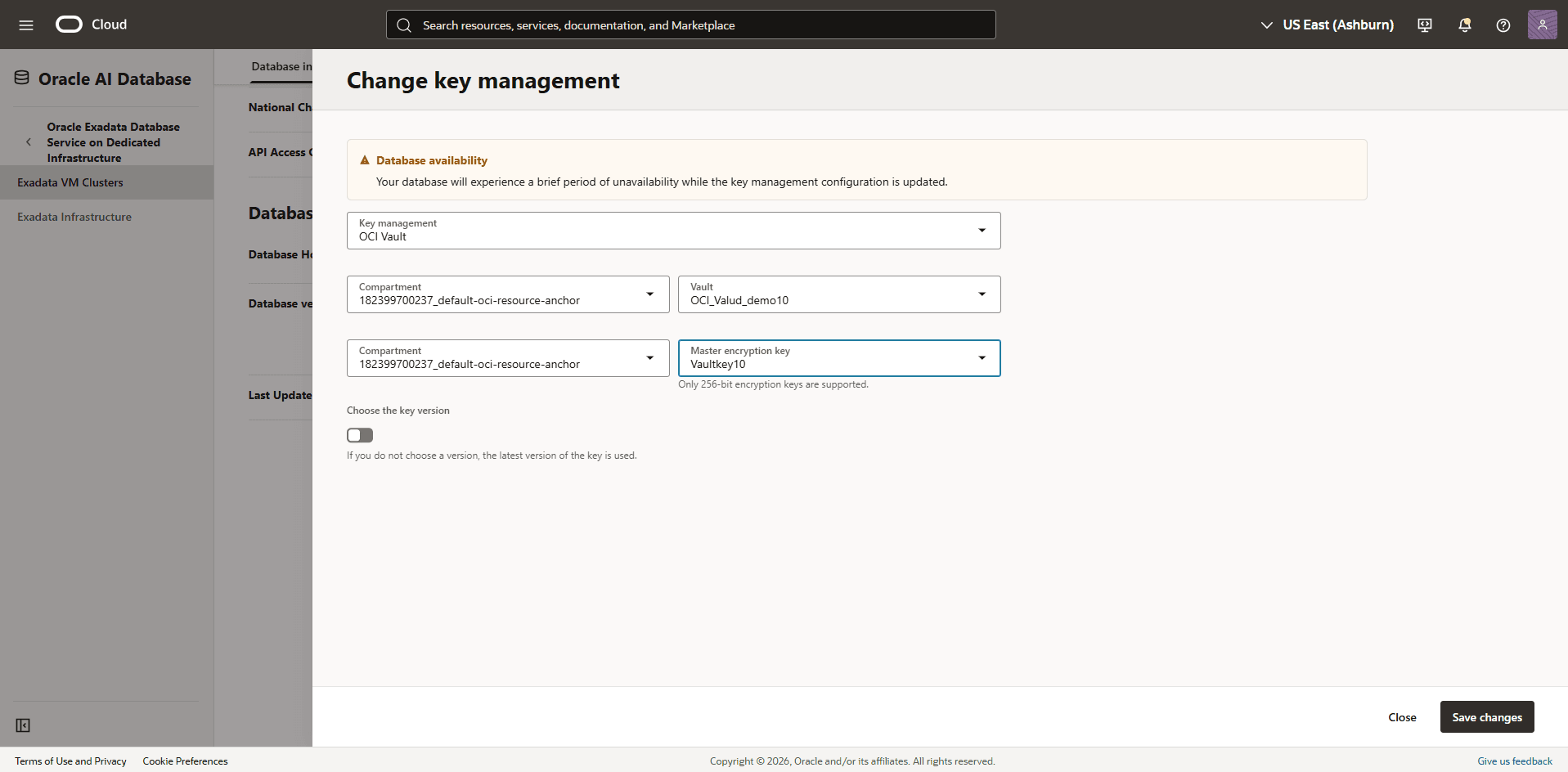 This screenshot shows how to change key management.