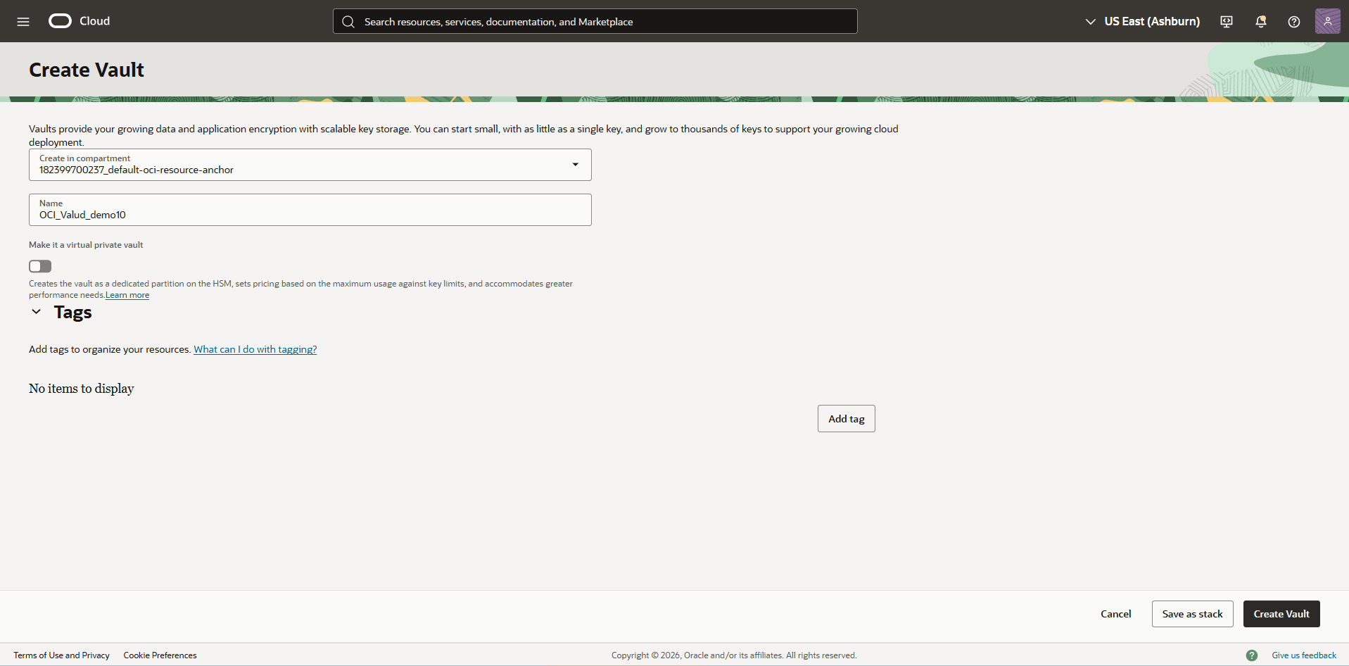 This screenshot shows how to create a vault.