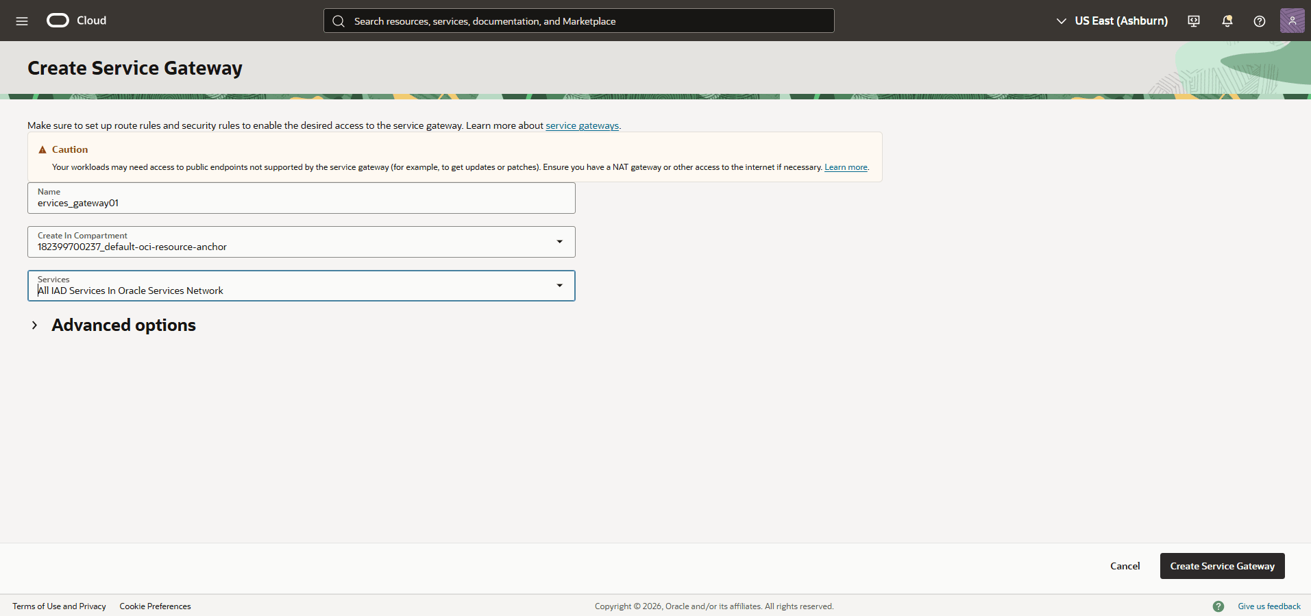 This screenshot shows how to create a Service Gateway.