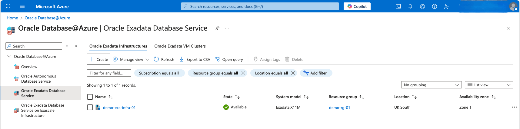 This screenshot shows how to create an Exadata Infrastructure .
