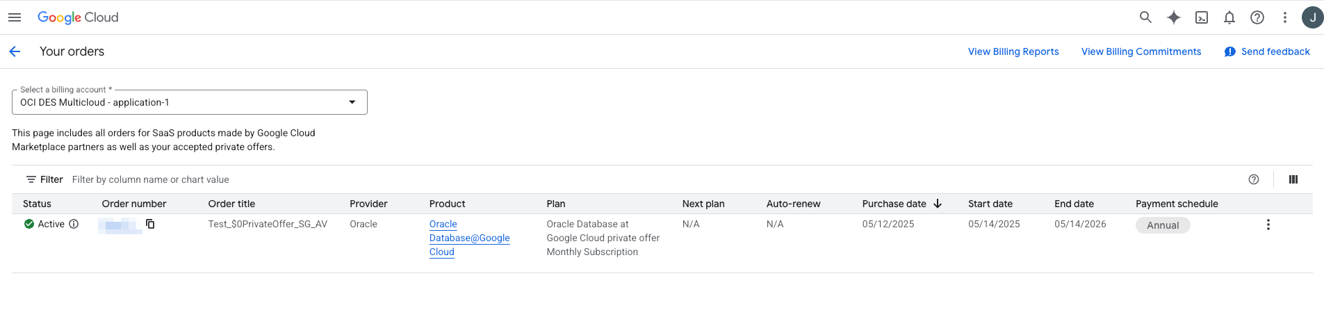 Click to expand Example of Oracle AI Database@Google Cloud product order.