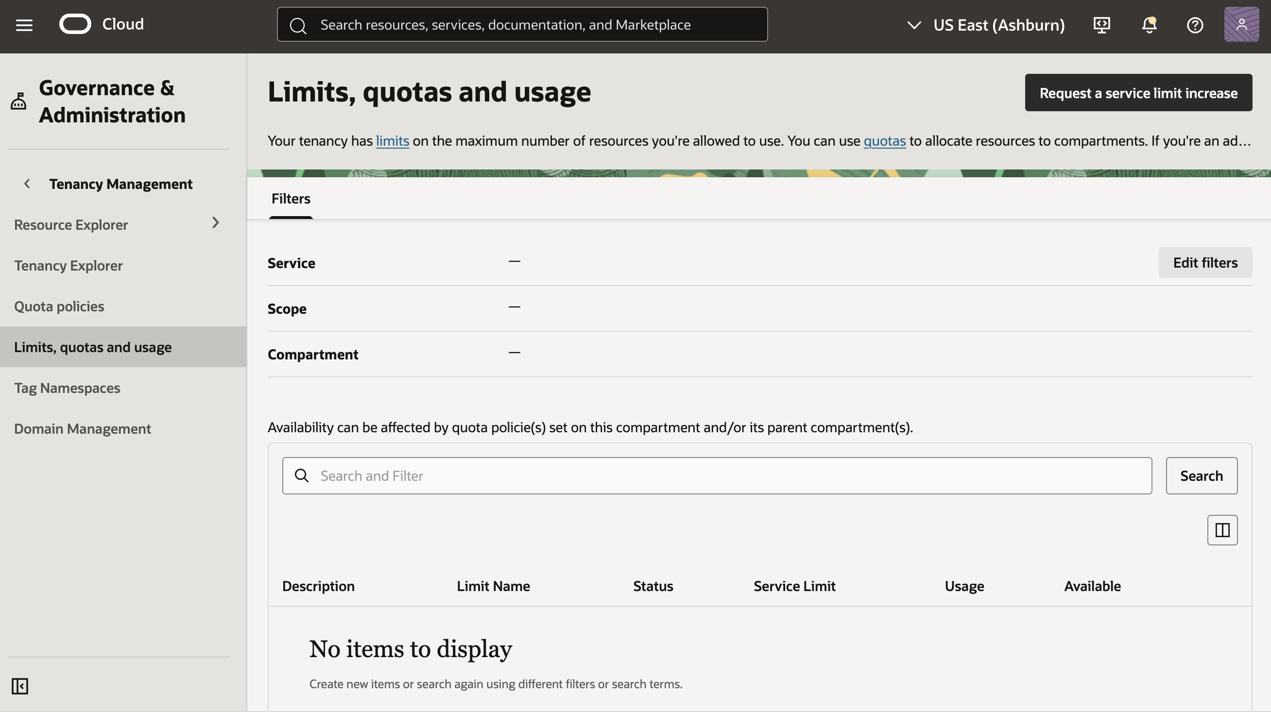 Click to expand Example of searching for "Limits, Quotas and Usage" in the Console.
