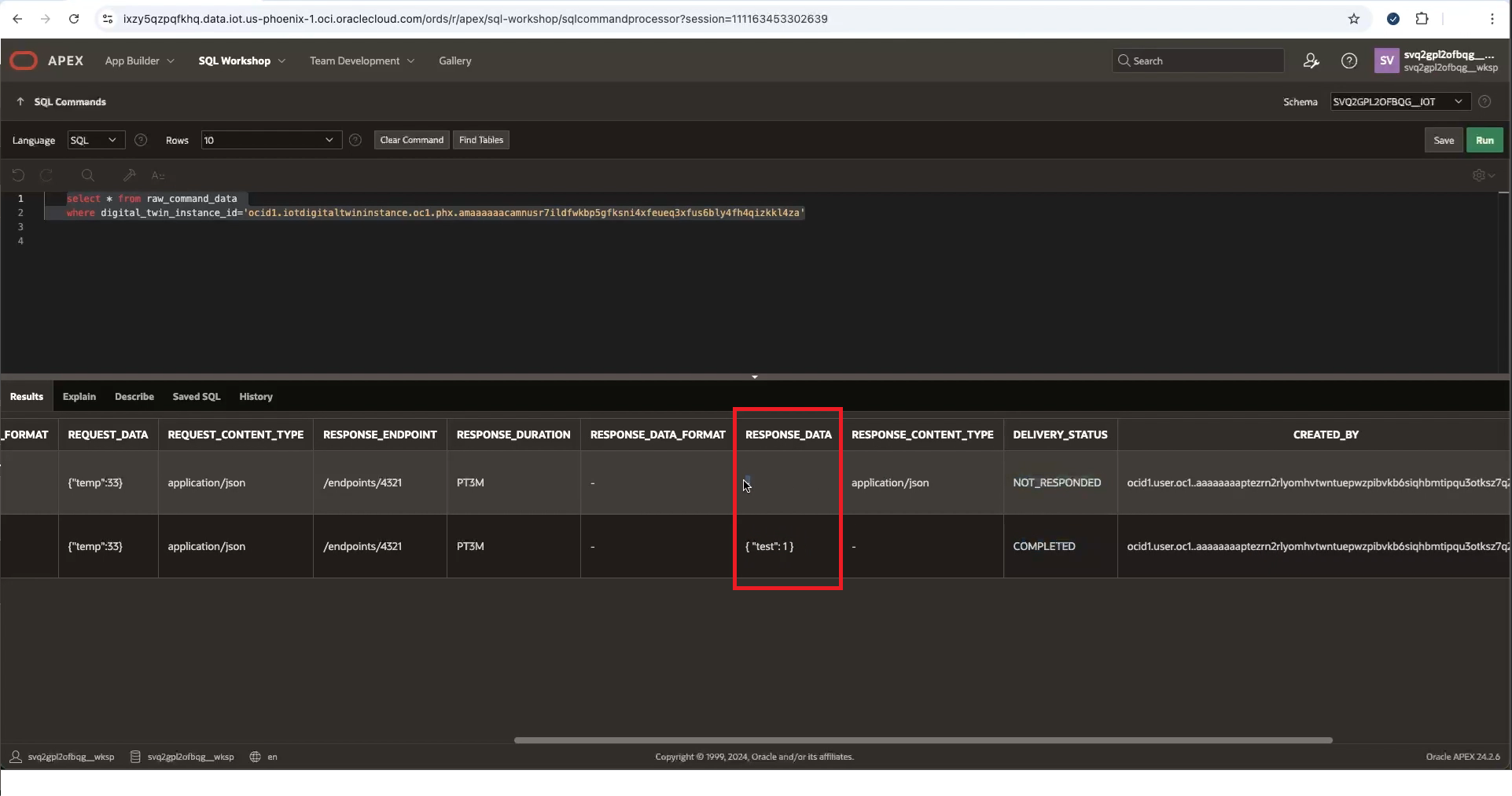 APEX SQL Commands results for raw command data with the response data column highlighted.