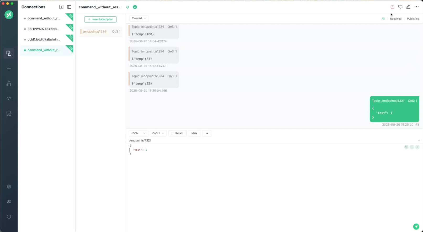 MQTTX displaying a command message.