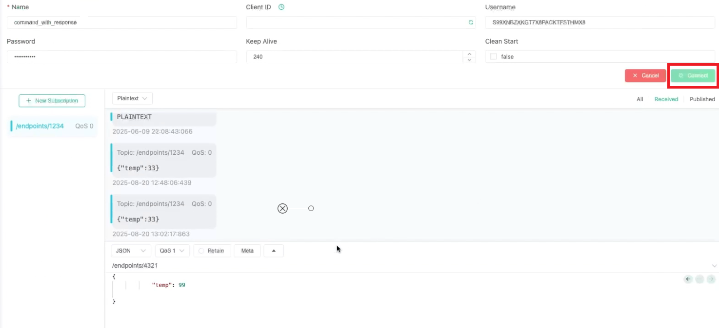 MQTTX connected to the IoT device host.