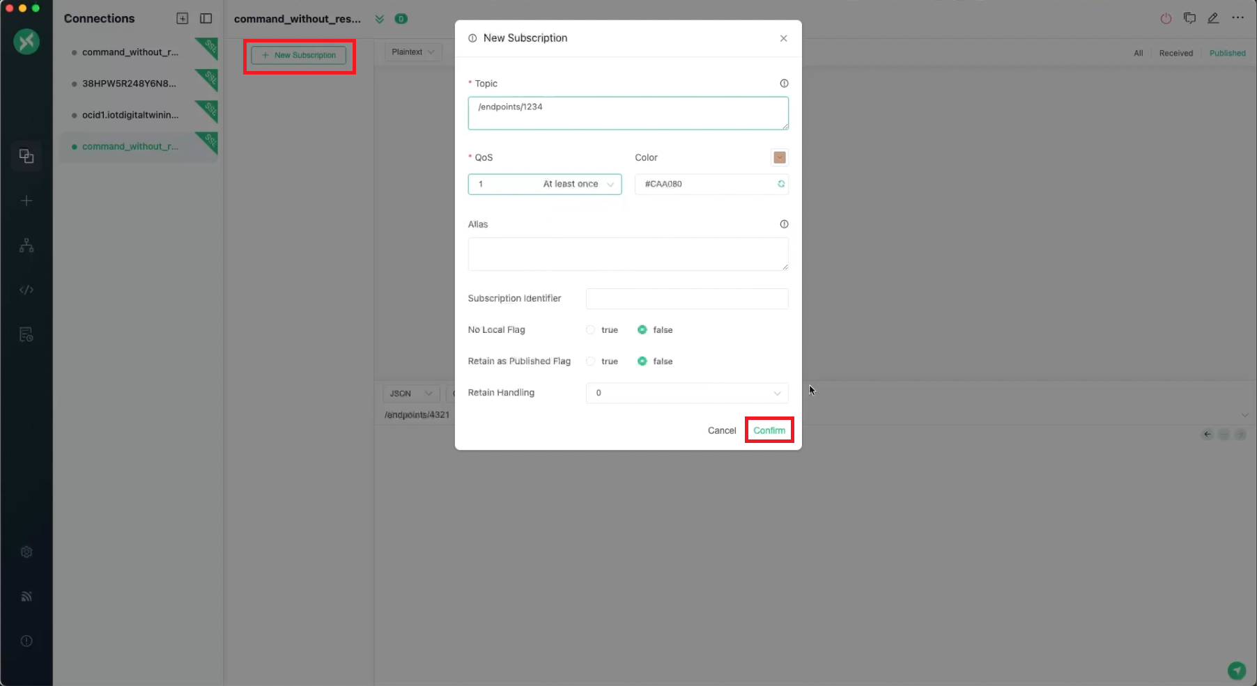 MQTTX new subscription dialog with the command request endpoint and QoS 1.
