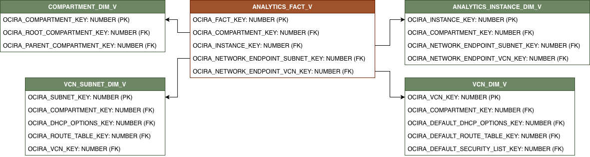 Relationship diagram showing the fact table ANALYTICS_FACT_V and its related dimension tables.