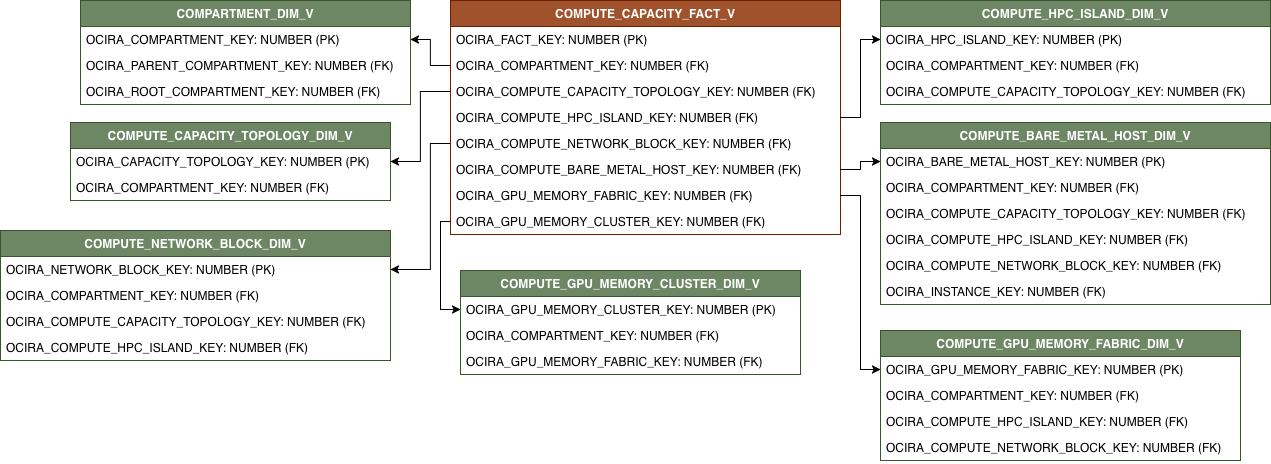 Relationship diagram with COMPUTE_CAPACITY_FACT_V connected to seven dimension views.
