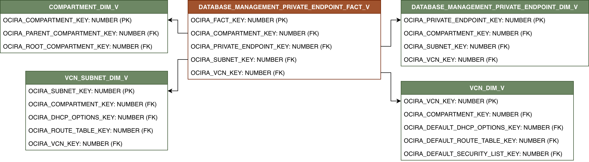 Relationship diagram with DATABASE_MANAGEMENT_PRIVATE_ENDPOINT_FACT_V and its related dimension tables.