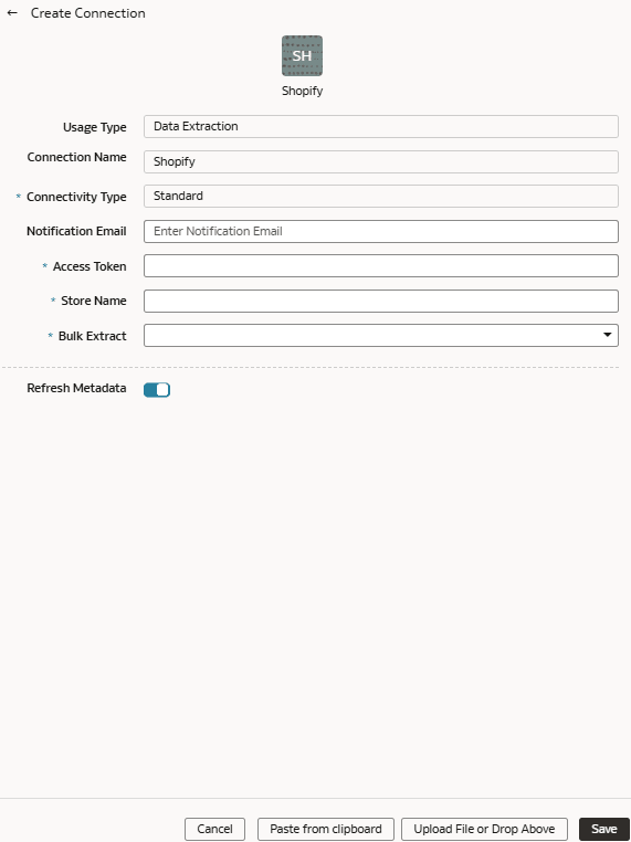 Create Connection dialog for the Shopify connector