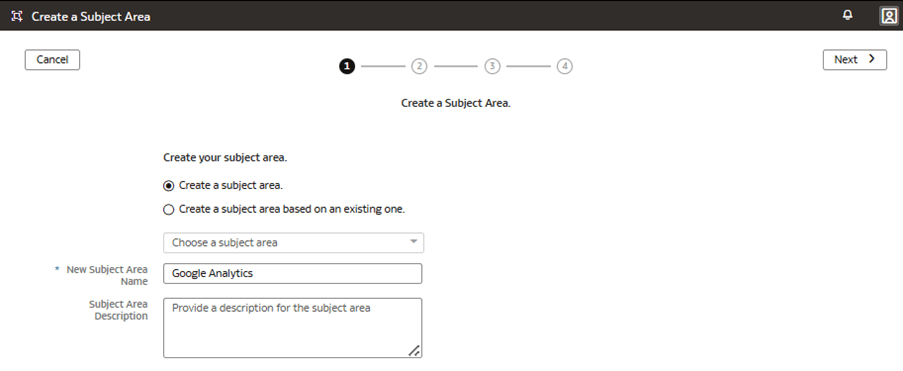 Step 1 of the wizard on the Create a Subject Area page