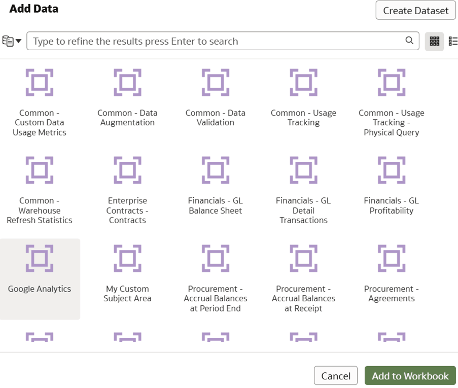 The Add Data dialog displaying the selected custom subject area, Google Analytics