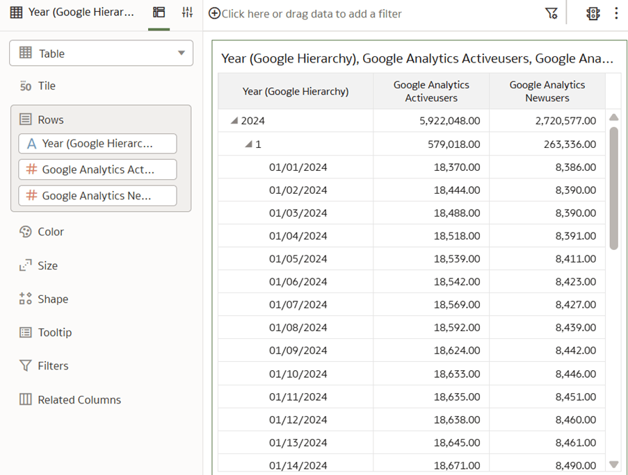 Report based on the custom subject area, Google Analytics