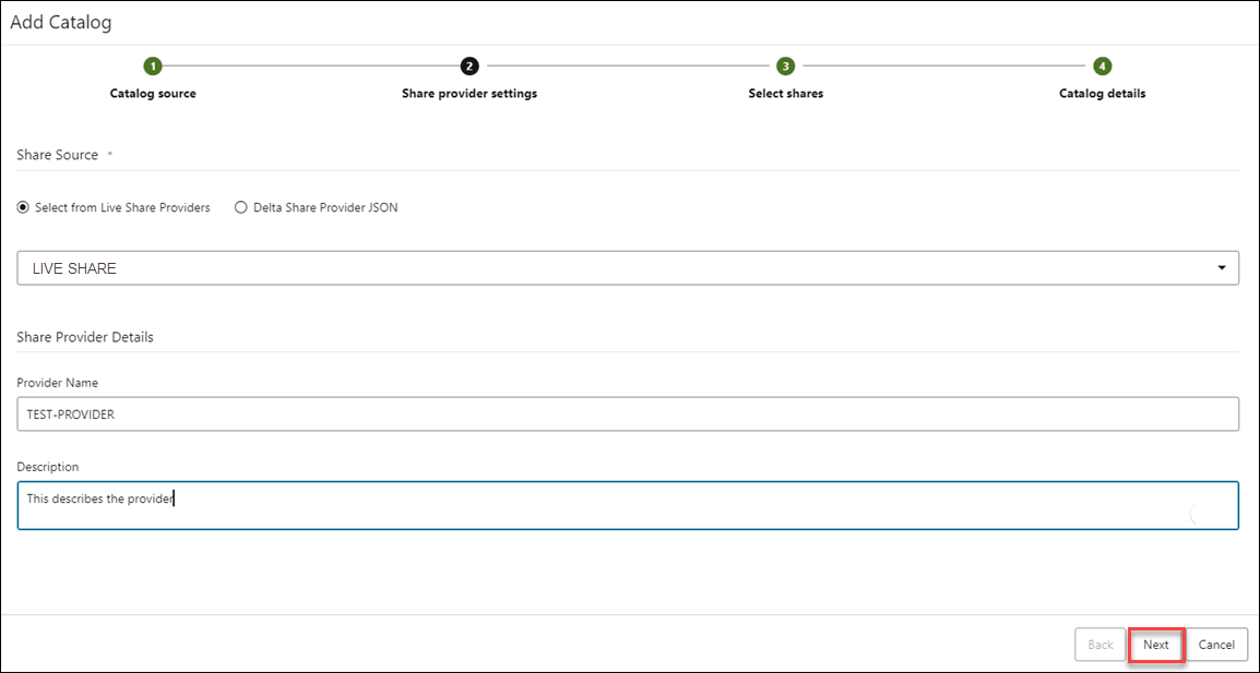 Description of add-catalog-share-settings.png follows Description of add-catalog-share-settings.png follows