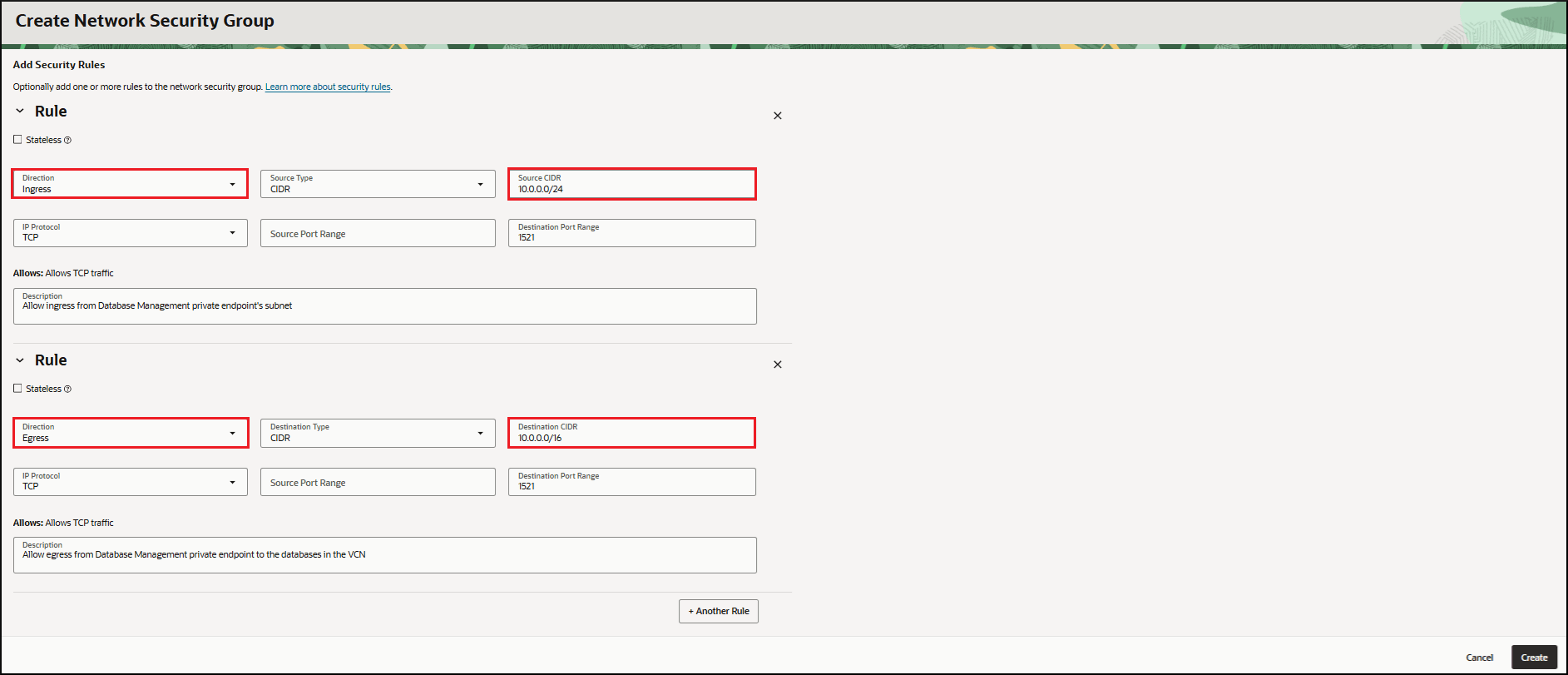 Security rules in an NSG to enable communication between a Database Management private endpoint and a Virtual Machine DB system's VCN