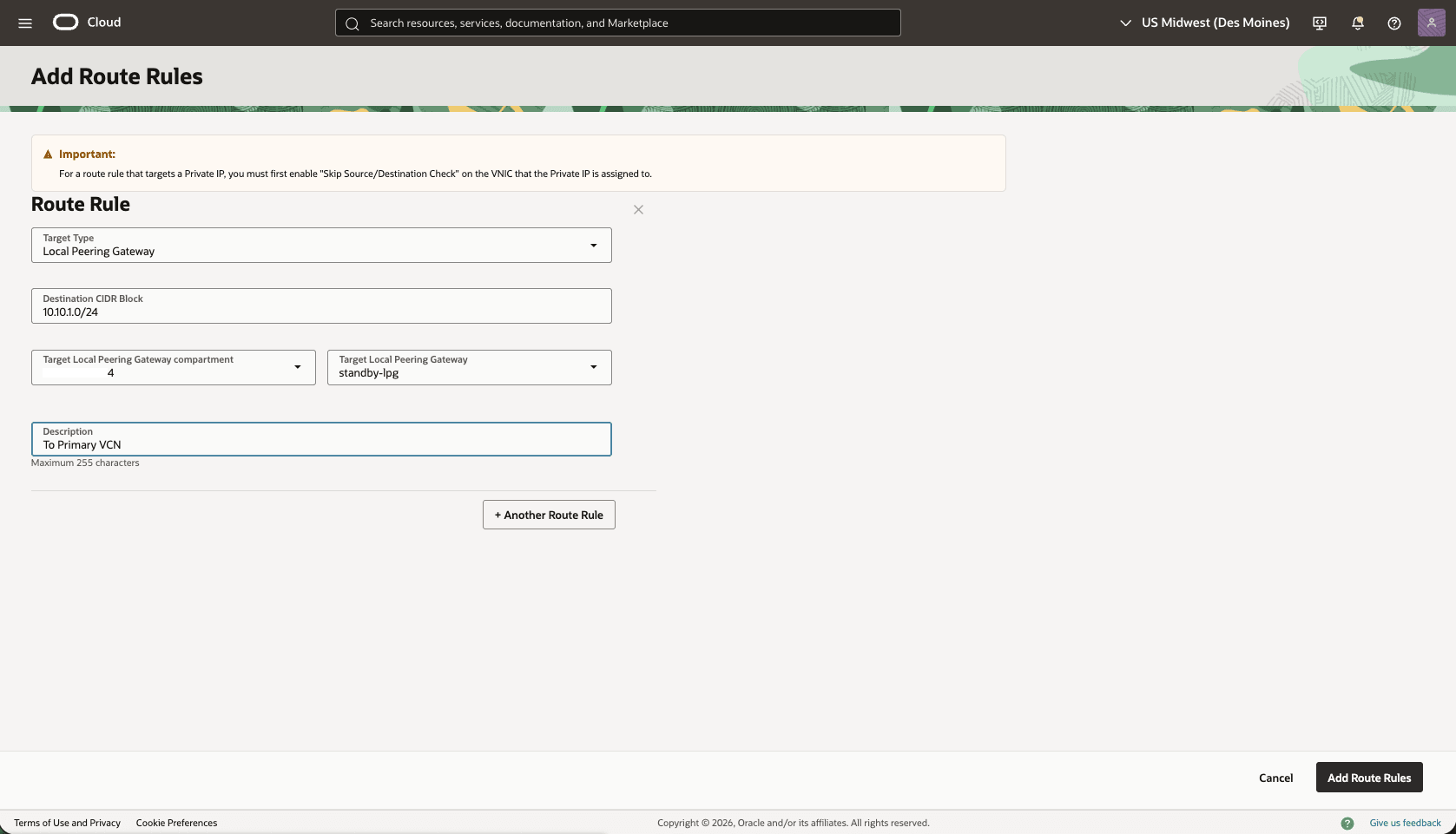This screenshot shows how to configure the network in the standby region. This screenshot shows how to configure the network in the standby region.