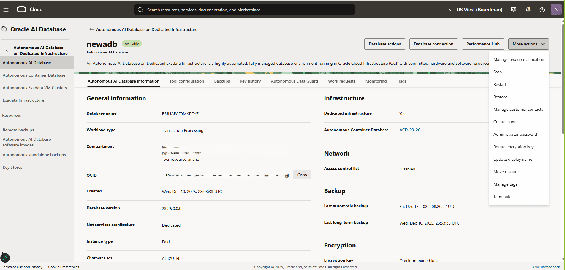 Autonomous AI Database (Dedicated) - Restore