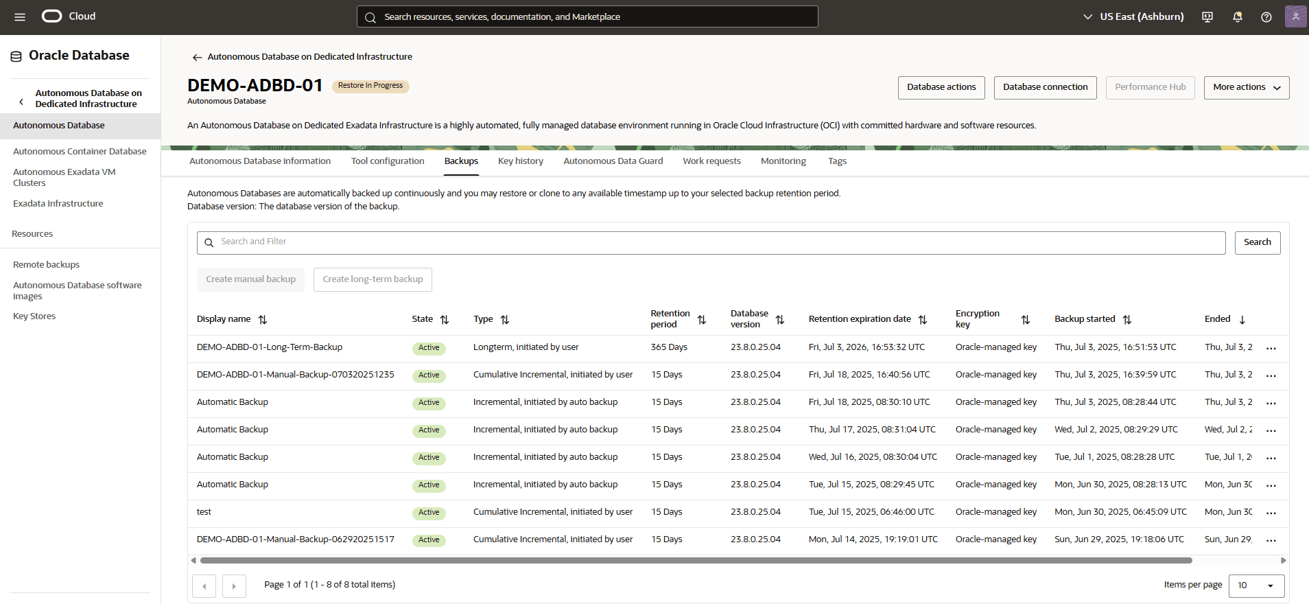 Autonomous AI Database (Dedicated) - Restore