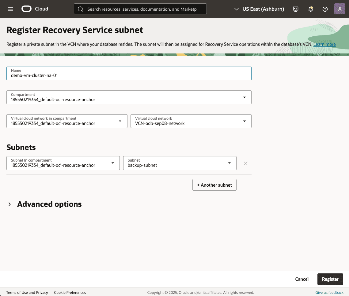 This screenshot shows how to register Recovery Service subnet. This screenshot shows how to register Recovery Service subnet.