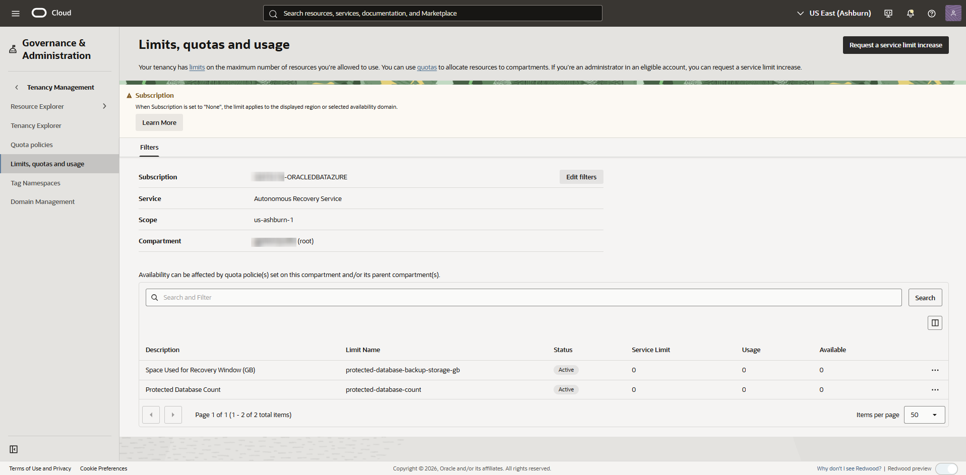 Click to expand Example of Limits, quotas and usage page for Autonomous Recovery Service (Oracle AI Database@Azure)