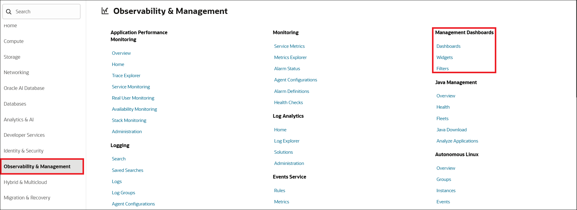 Management Dashboards in the Oracle Cloud Infrastructure console menu Management Dashboards in the Oracle Cloud Infrastructure console menu